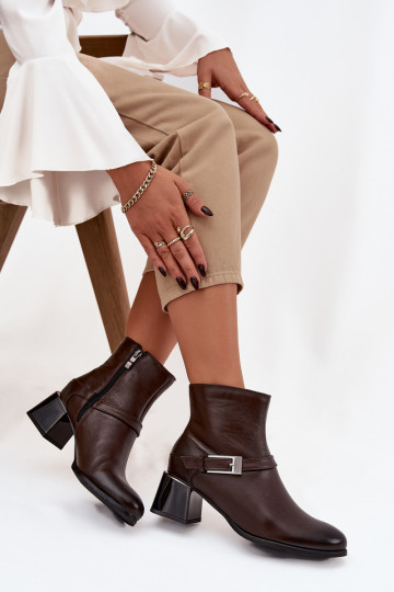 Skórzane Botki Damskie Na ObcasiewithKlamrą Zazoo 60562 Czekoladowe