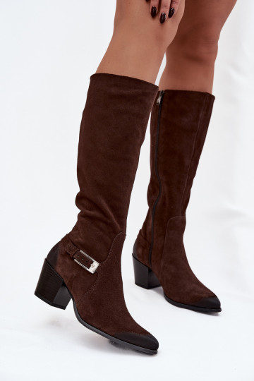 Leather Suede Boots on Heel with Buckle Heated Zazoo 70156 Chocolate 2