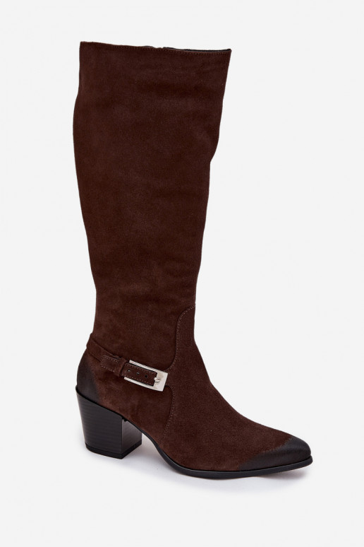 Leather Suede Boots on Heel with Buckle Heated Zazoo 70156 Chocolate