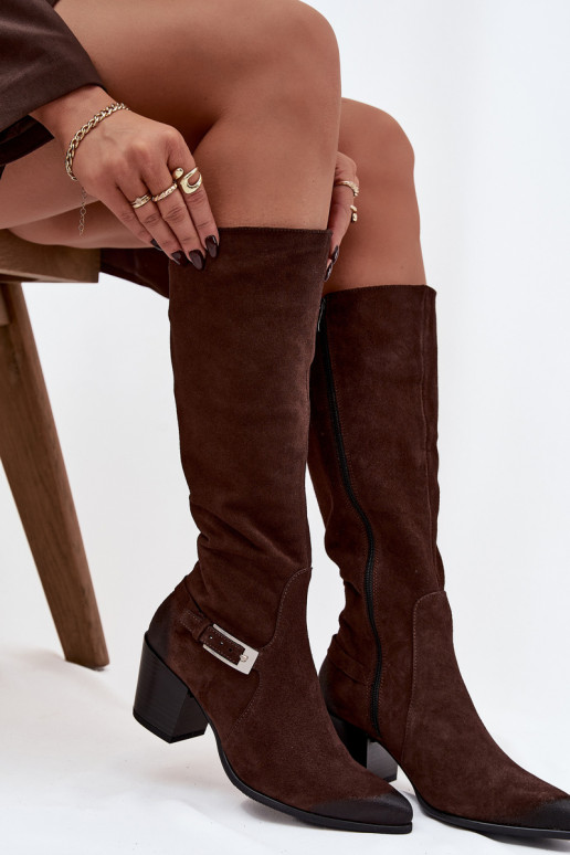 Leather Suede Boots on Heel with Buckle Heated Zazoo 70156 Chocolate