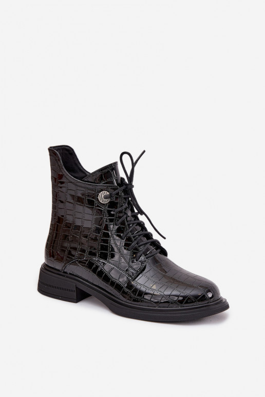 Leather lacquered ankle boots with embossing lined black Juviane