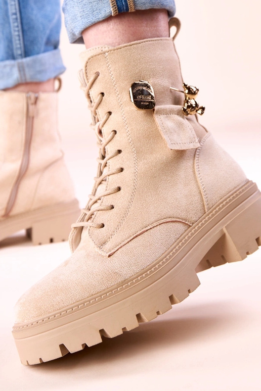 Beżowe traperki damskie ze złotym...