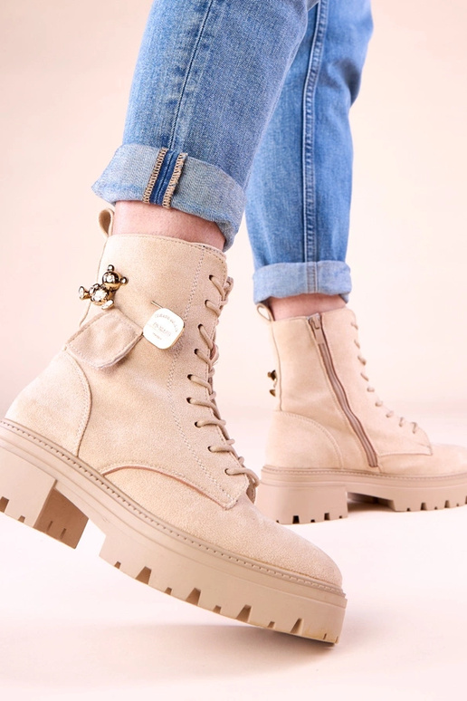 Beżowe traperki damskie ze złotym...