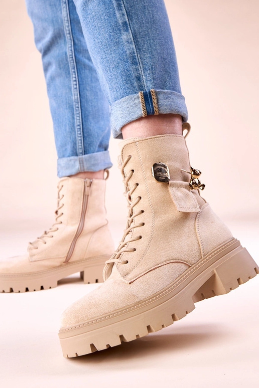 Beżowe traperki damskie ze złotym...