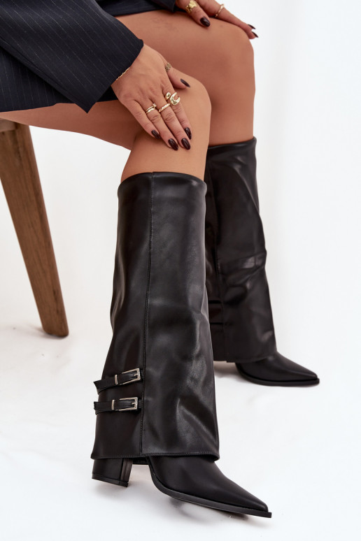 Women's Ankle Boots On Heels Turned Shaft Straps With Buckles Black Nirisa