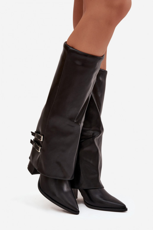 Women's Ankle Boots On Heels Turned Shaft Straps With Buckles Black Nirisa