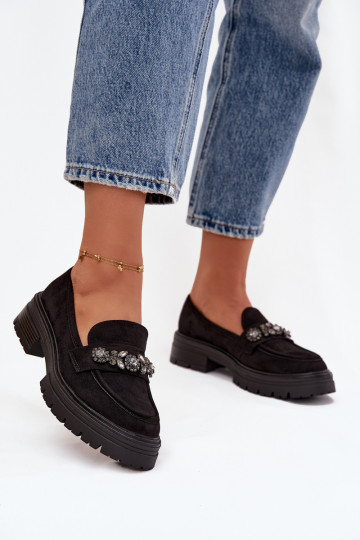 Mokasyny DamskiewithKryształkami Eko Zamszowe Czarne Lavisse
