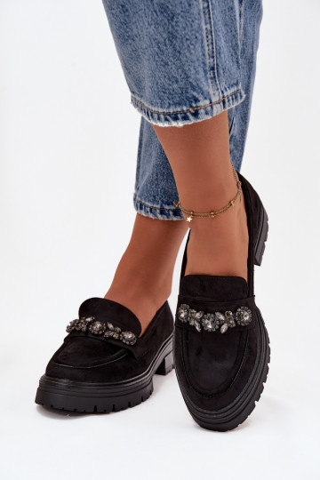 Eco Suede Women's Loafers With Decorative Brooch Black Valiana 2