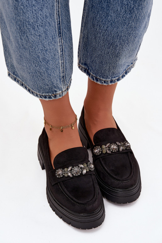 Eco Suede Women's Loafers With Decorative Brooch Black Valiana