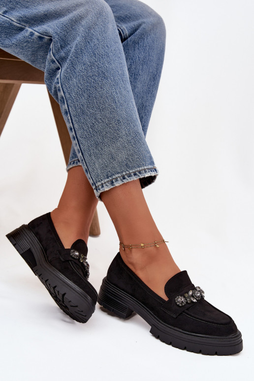 Eco Suede Women's Loafers With Decorative Brooch Black Valiana