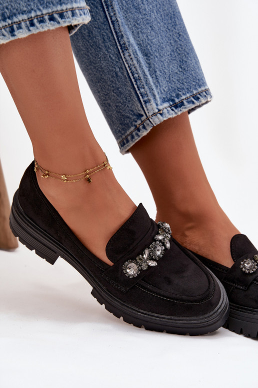 Eco Suede Women's Loafers With Decorative Brooch Black Valiana