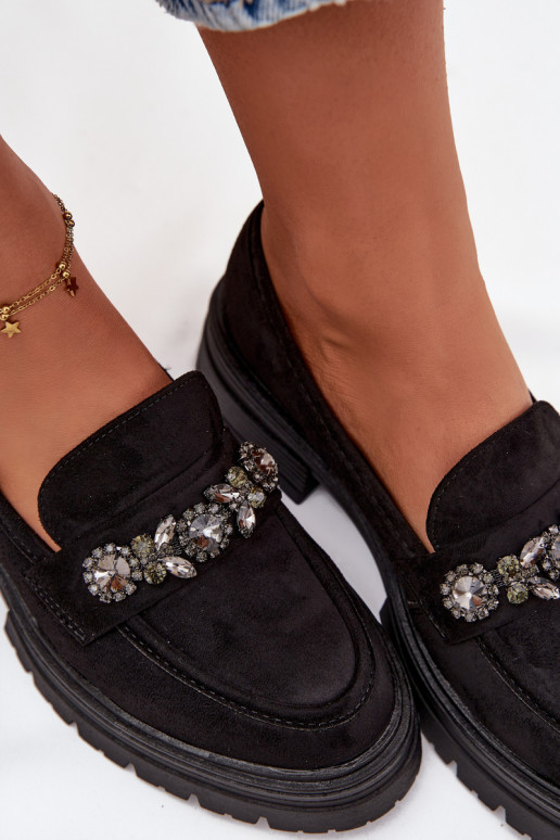 Eco Suede Women's Loafers With Decorative Brooch Black Valiana