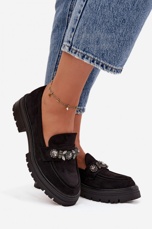 Mokasyny DamskiewithKryształkami Eko Zamszowe Czarne Lavisse