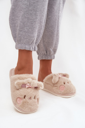 Furry Women's Slippers With Ears And Bow Beige Corayne