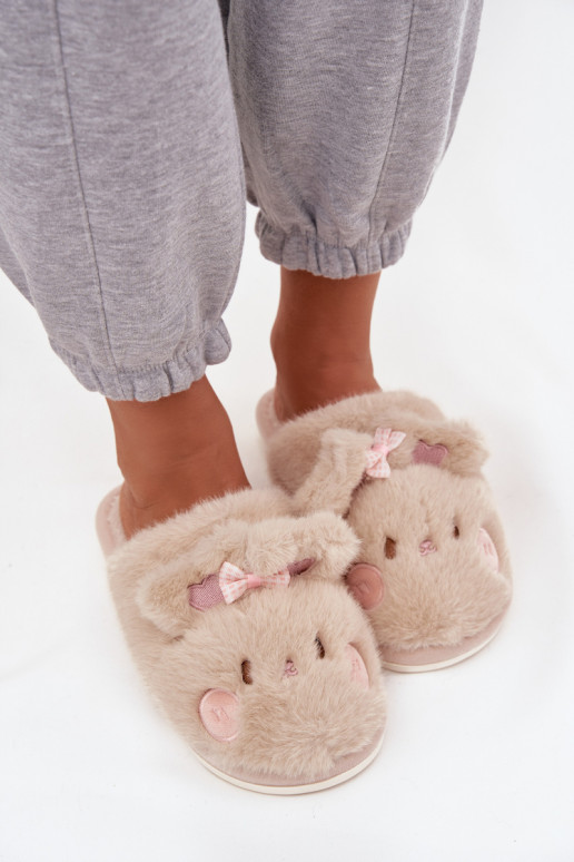 Furry Women's Slippers With Ears And Bow Beige Corayne