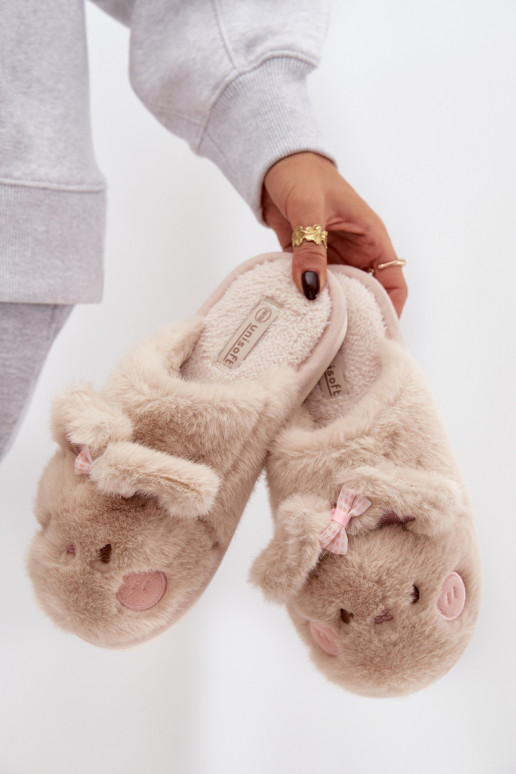Furry Women's Slippers With Ears And Bow Beige Corayne