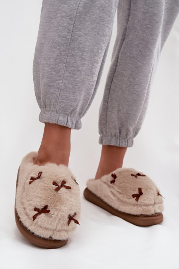 Furry Women's Slippers with Bows Beige Saviera