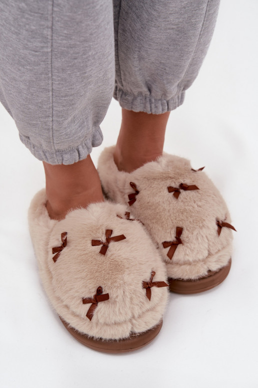 Furry Women's Slippers with Bows Beige Saviera