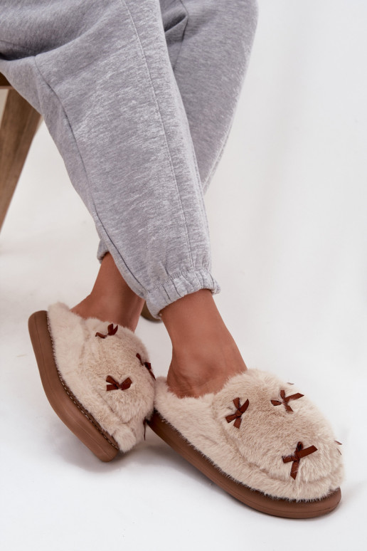 Furry Women's Slippers with Bows Beige Saviera
