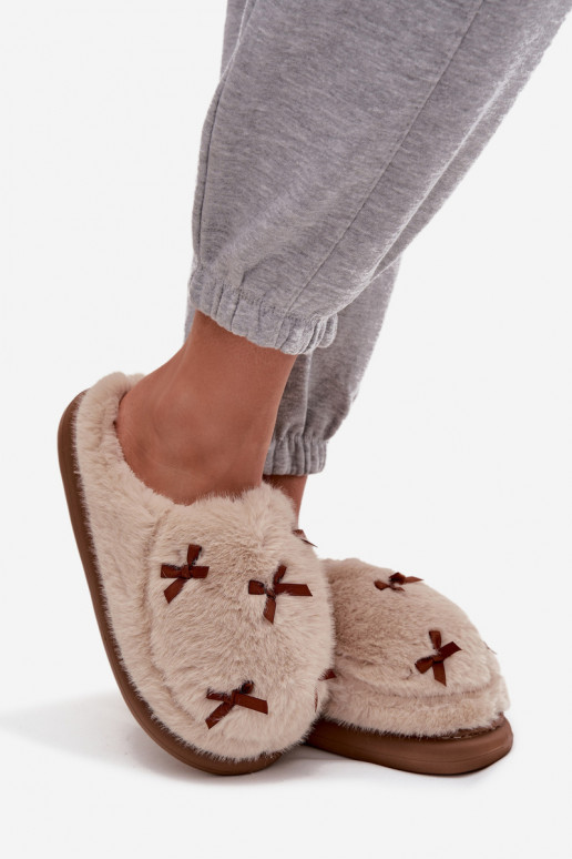 Furry Women's Slippers with Bows Beige Saviera