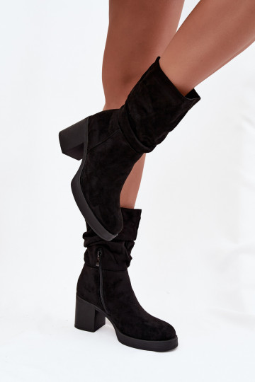 Women's Booties With Gathering On The Block Heel Warm Black Amoria