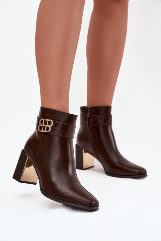 Women's Ankle Boots On Heel With Strap And Gold Detail Chocolate Galinne