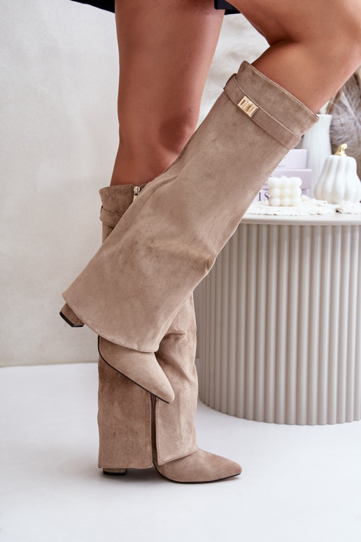 Women's Eco Suede Boots With Rolled Top On Heel Beige Bralise