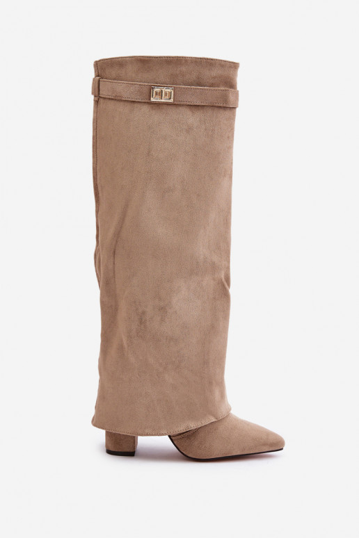 Women's Eco Suede Boots With Rolled Top On Heel Beige Bralise