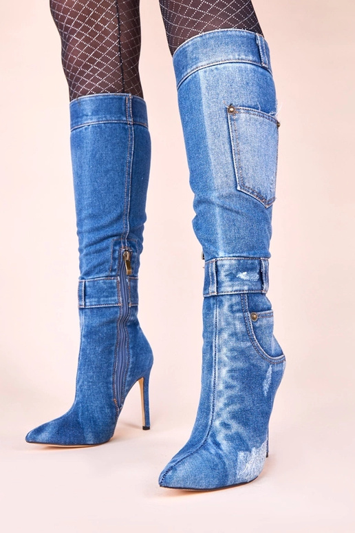 Jeansowe kozaki na szpilce z...