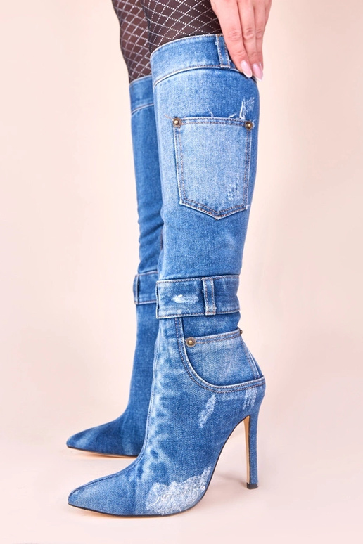 Jeansowe kozaki na szpilce z...
