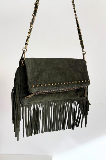 Suede Bag with Fringes on Chain Dark Green Narella