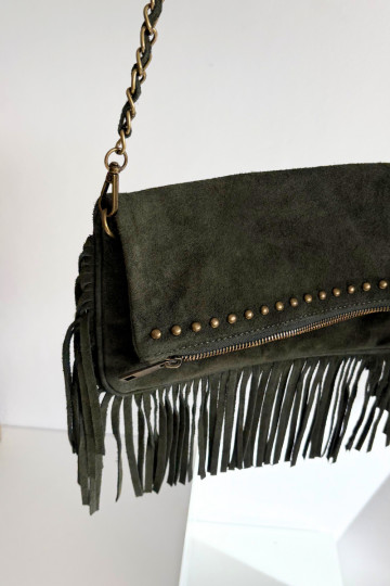 Suede Bag with Fringes on Chain Dark Green Narella 2