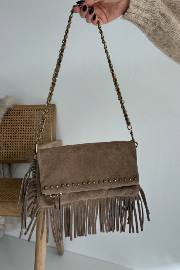 Suede Bag with Fringes on Chain Dark Beige Narella