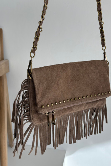 Suede Bag with Fringes on Chain Dark Beige Narella 2