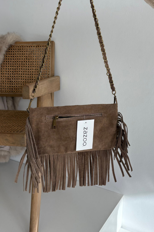 Suede Bag with Fringes on Chain Dark Beige Narella