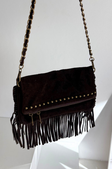 Suede Bag With Fringes On Chain Chocolate Narella 2