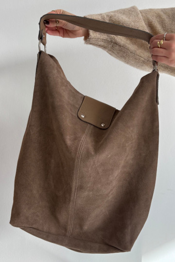 Large Leather Suede Bag Dark Beige Hanelle 2