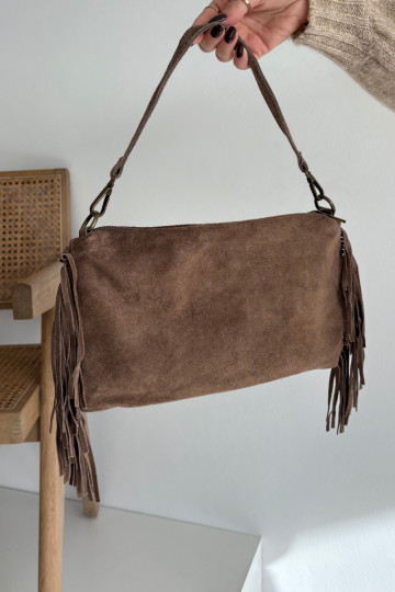 Leather Suede Bag with Fringes Brown Jessira