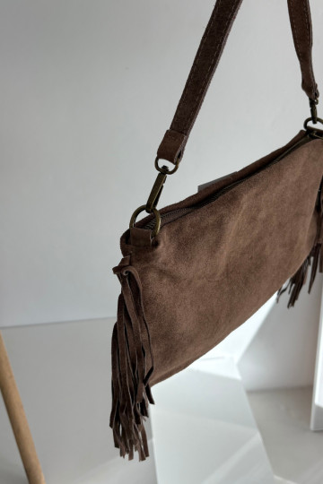 Leather Suede Bag with Fringes Brown Jessira 2