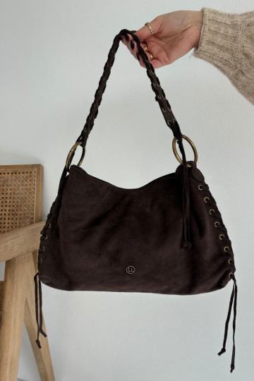 Leather Suede Bag With Decorative Lacing Chocolate Janelis