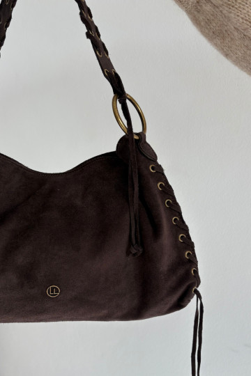 Leather Suede Bag With Decorative Lacing Chocolate Janelis 2