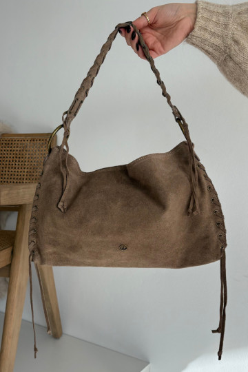 Leather Suede Bag With Decorative Lacing Dark Beige Janelis 2