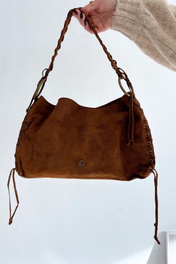 Skórzana Zamszowa TorebkawithOzdobnym Sznurowaniem Camel Janelis