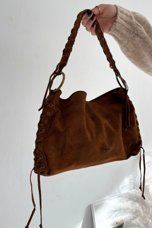 Skórzana Zamszowa TorebkawithOzdobnym Sznurowaniem Camel Janelis