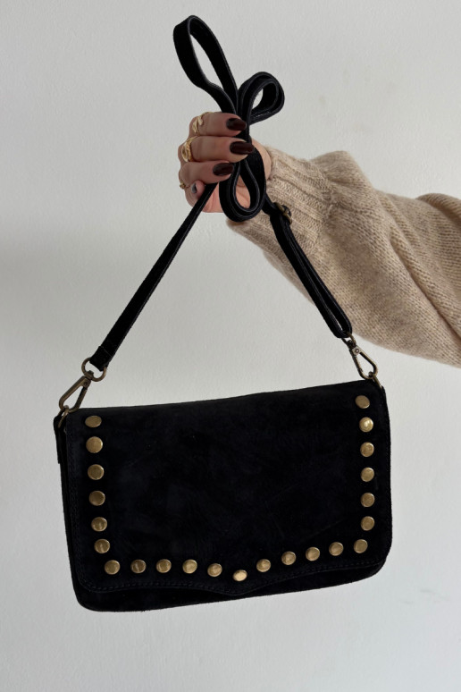 Suede Leather Bag With Rhinestones Black Rhenna