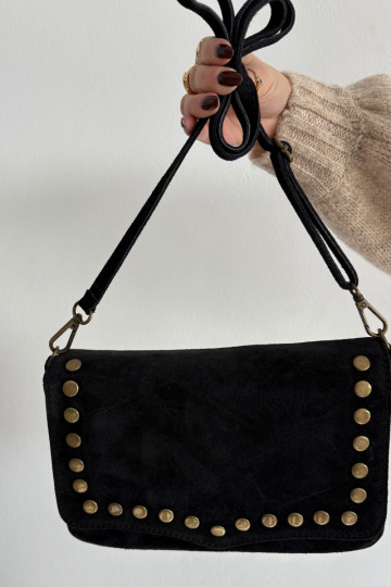Suede Leather Bag With Rhinestones Black Rhenna 2