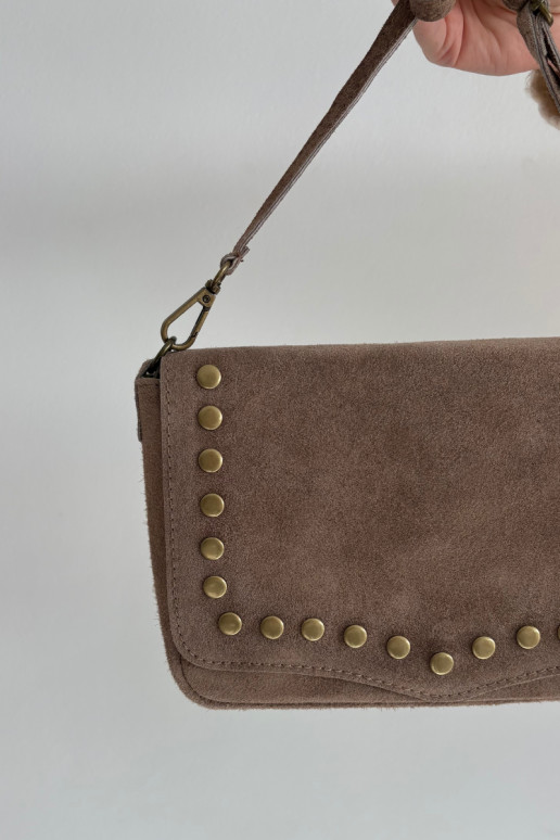 Suede Leather Bag With Rhinestones Beige Rhenna