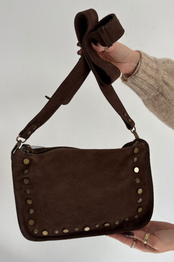 Leather Suede Bag Decorated with Rhinestones Chocolate Savra