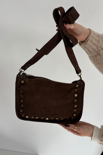 Leather Suede Bag Decorated with Rhinestones Chocolate Savra 2