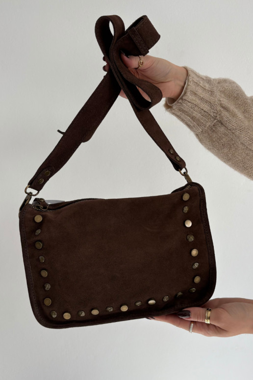 Leather Suede Bag Decorated with Rhinestones Chocolate Savra